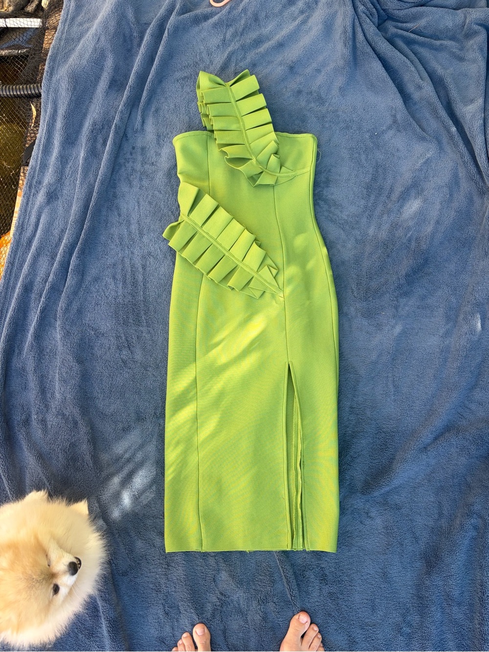 One-Shoulder Ruffle Midi Dress in Lime Green - Picture 4 of 5
